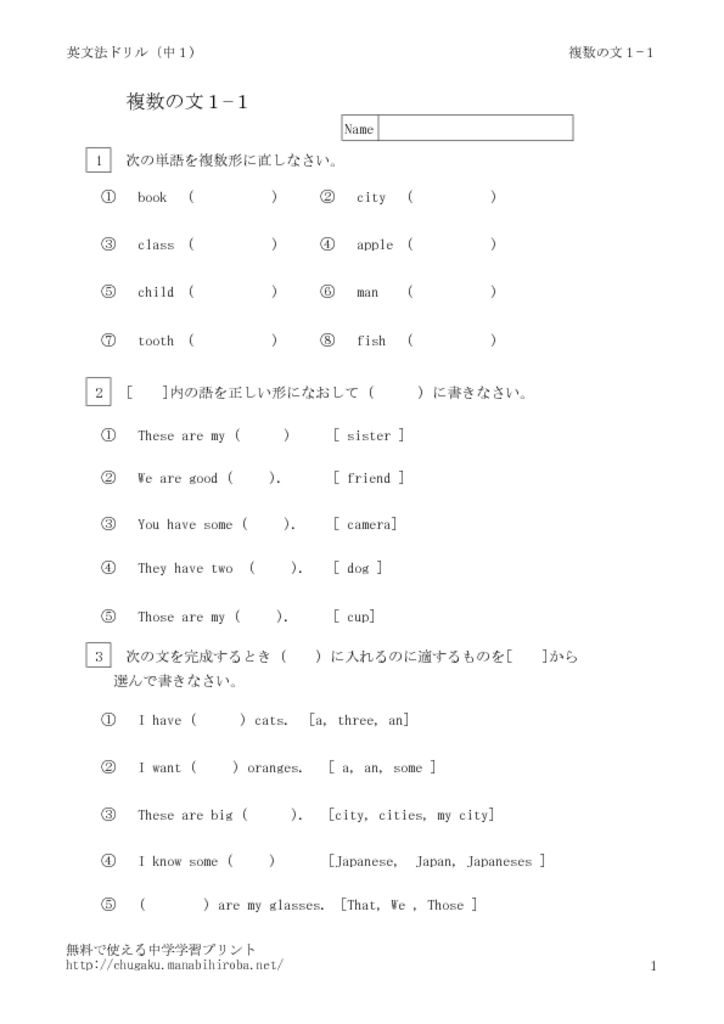 複数形 中学生の英文法ドリル